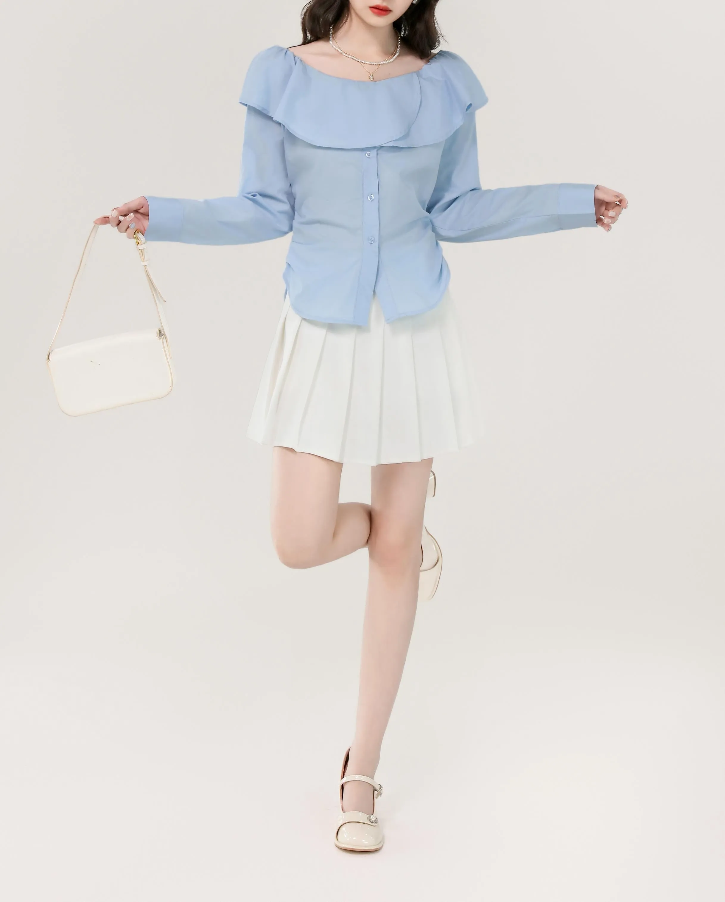 Women's Long Sleeve Poplin Blouse with Bardot Neckline