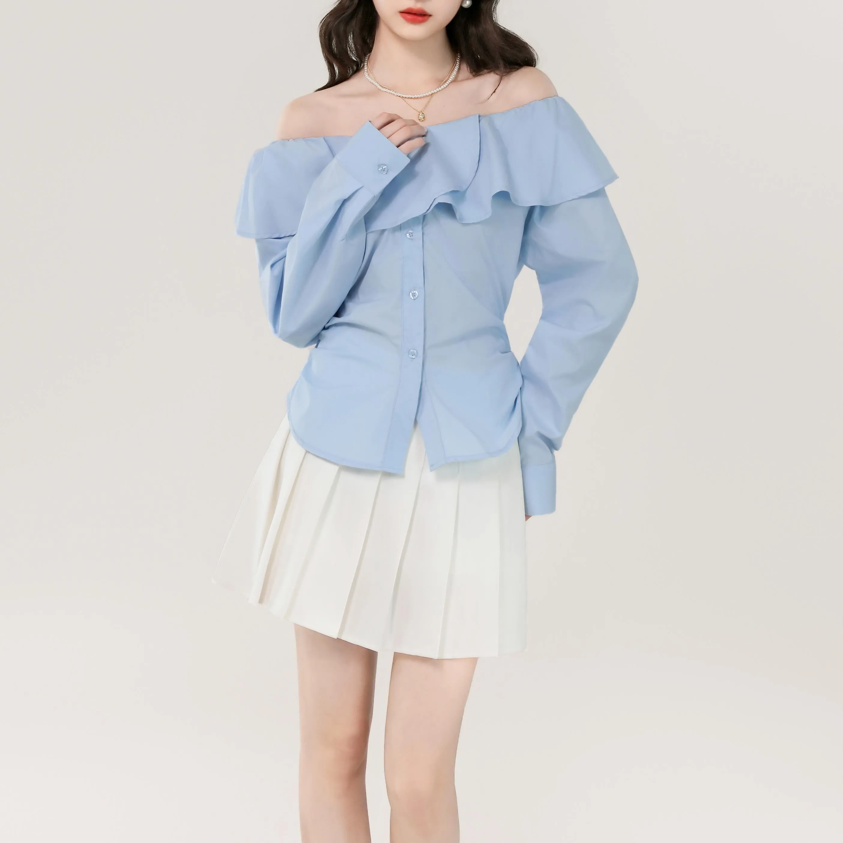 Women's Long Sleeve Poplin Blouse with Bardot Neckline