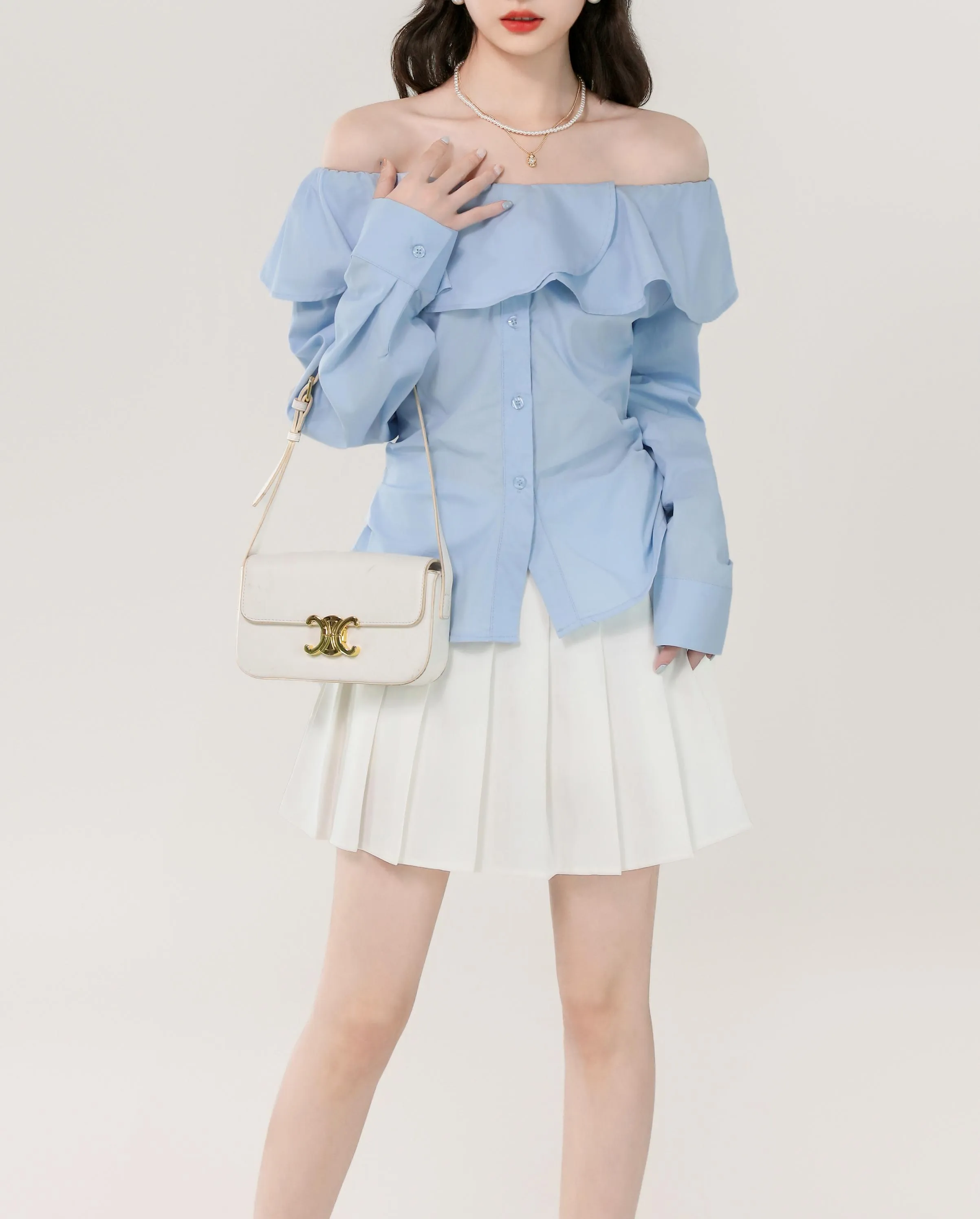 Women's Long Sleeve Poplin Blouse with Bardot Neckline