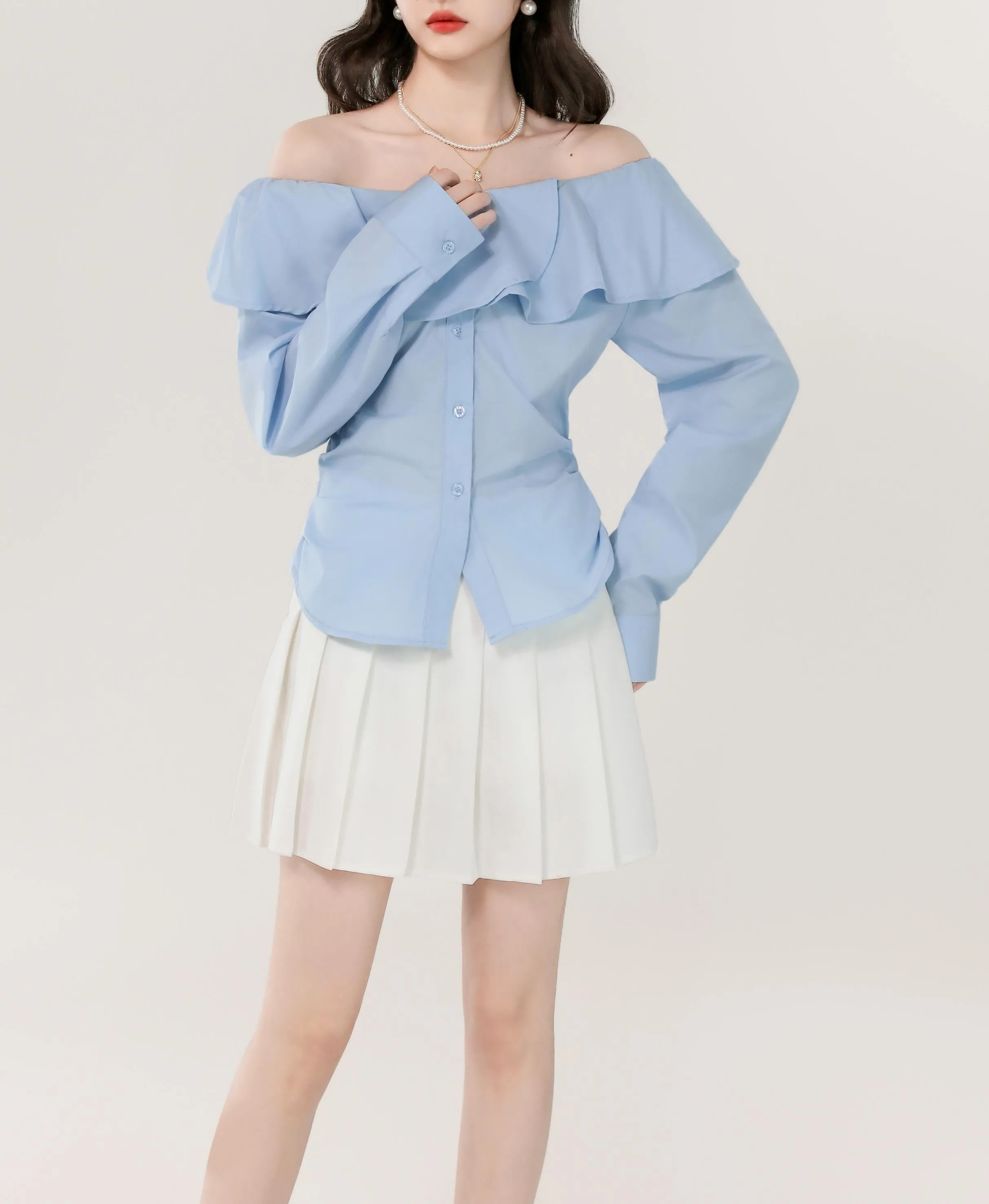 Women's Long Sleeve Poplin Blouse with Bardot Neckline