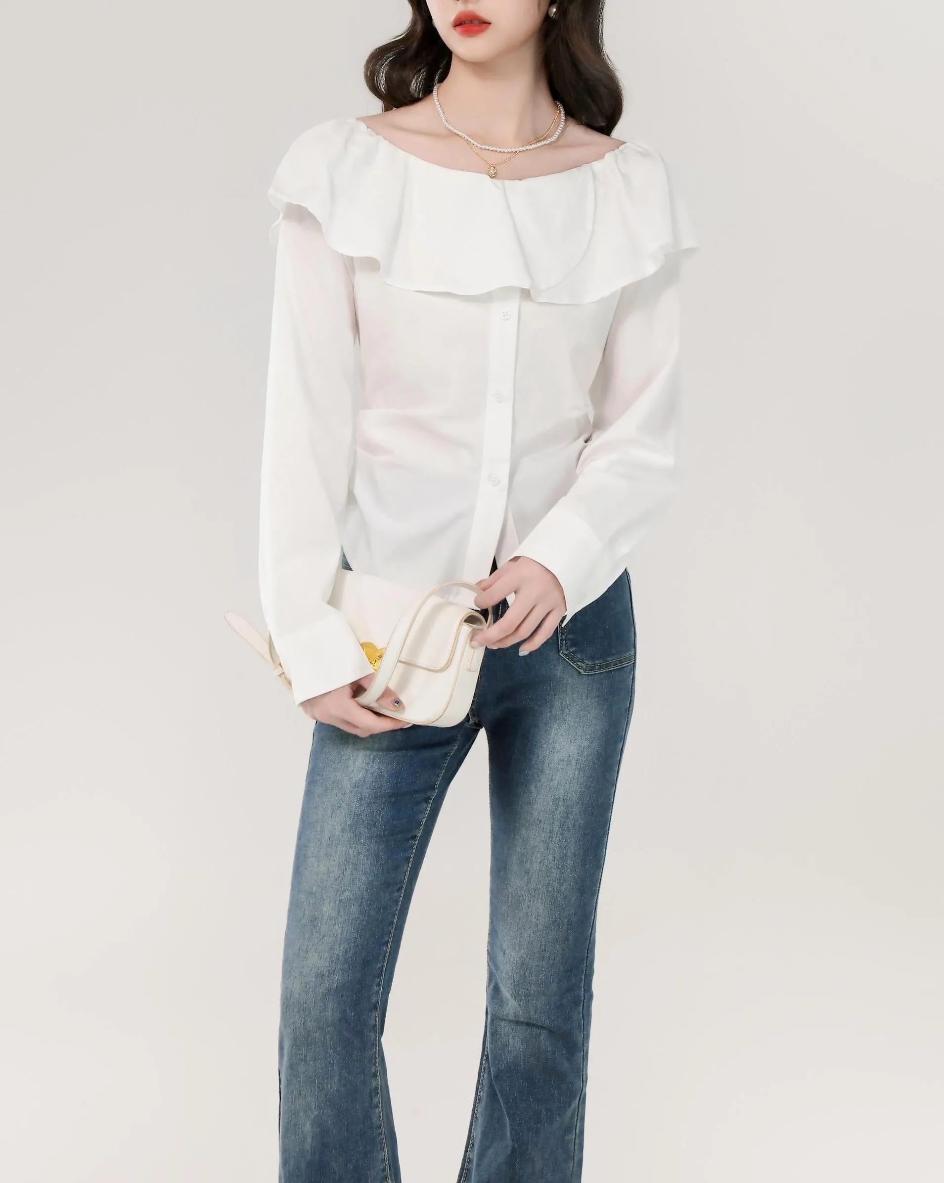 Women's Long Sleeve Poplin Blouse with Bardot Neckline