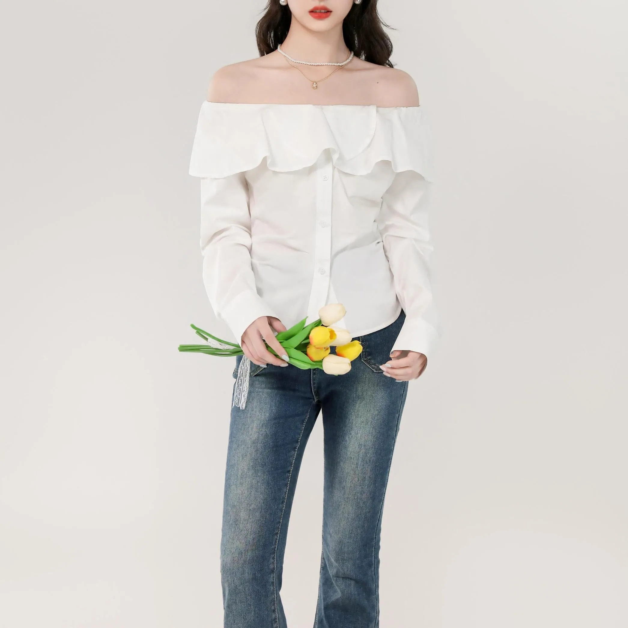 Women's Long Sleeve Poplin Blouse with Bardot Neckline