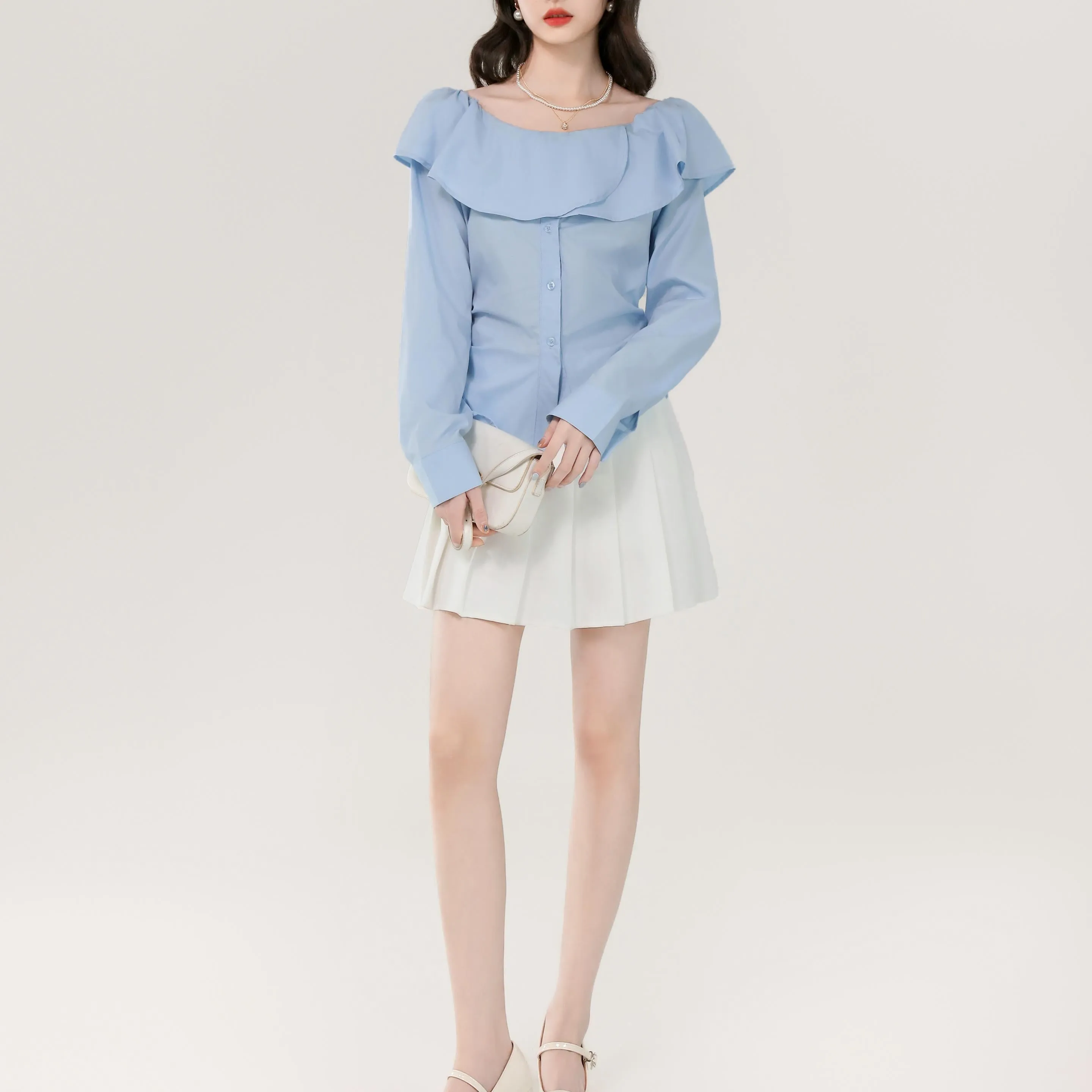 Women's Long Sleeve Poplin Blouse with Bardot Neckline