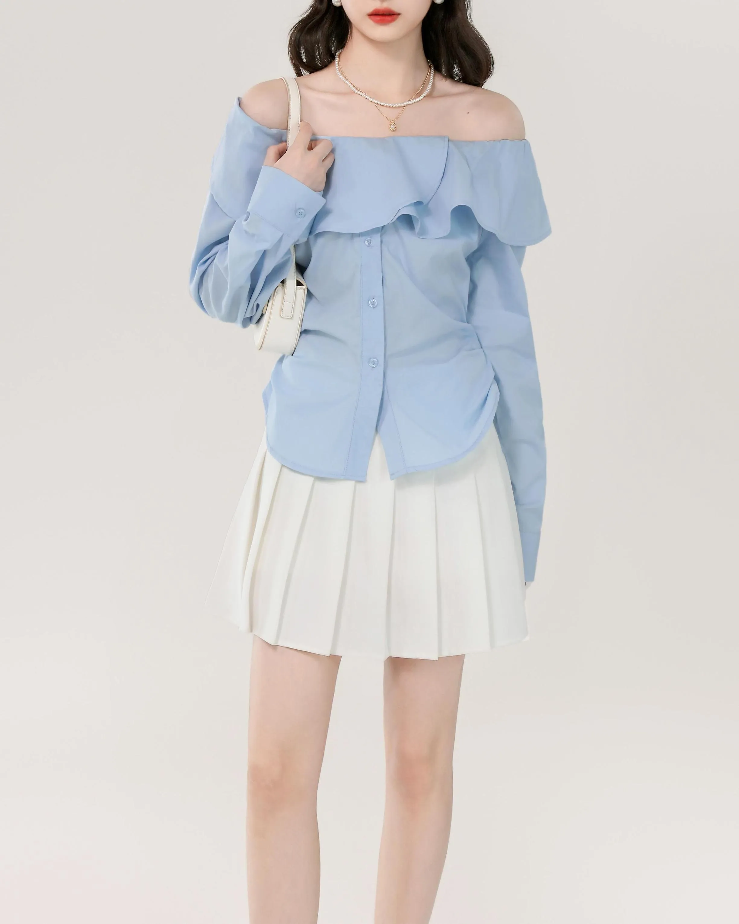 Women's Long Sleeve Poplin Blouse with Bardot Neckline