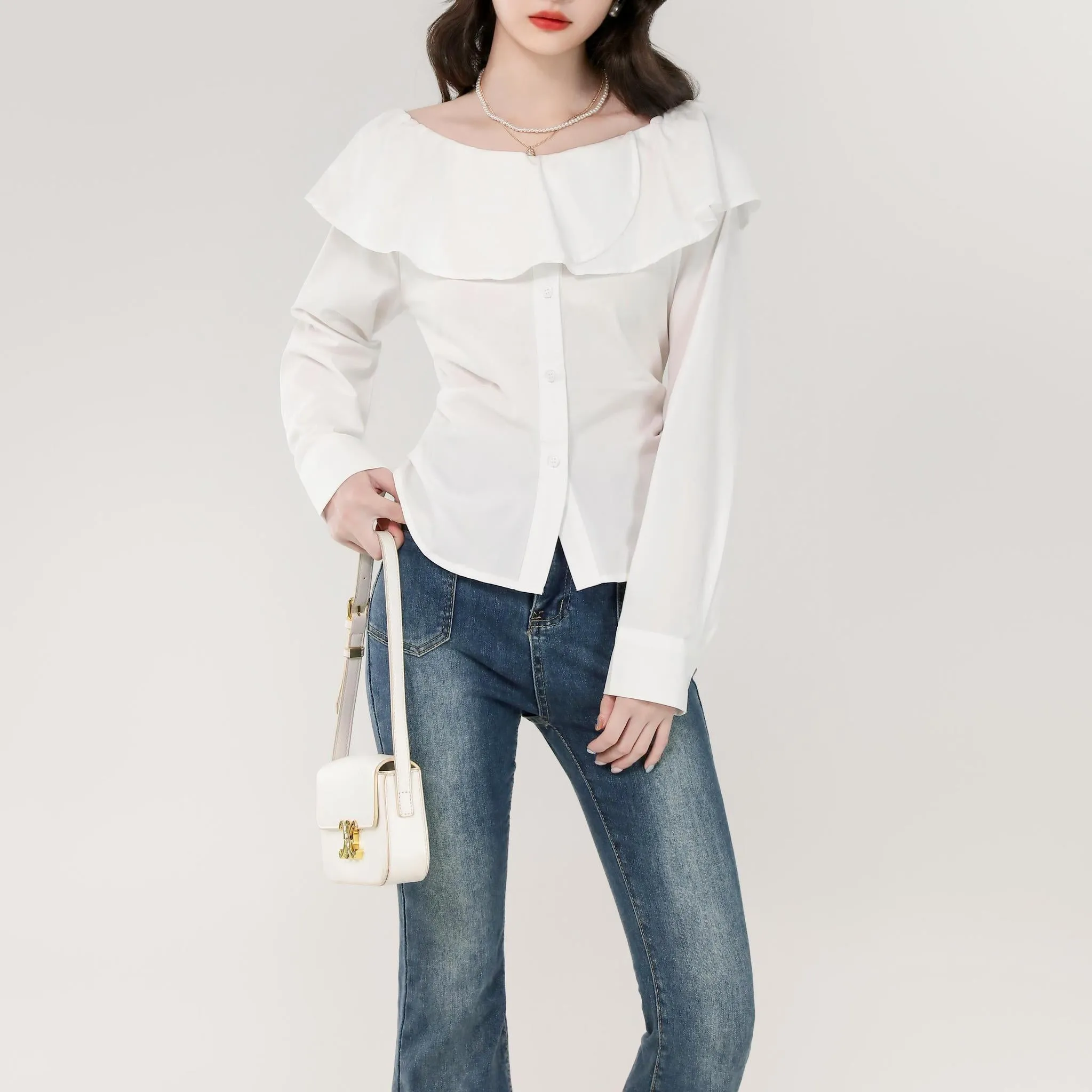Women's Long Sleeve Poplin Blouse with Bardot Neckline