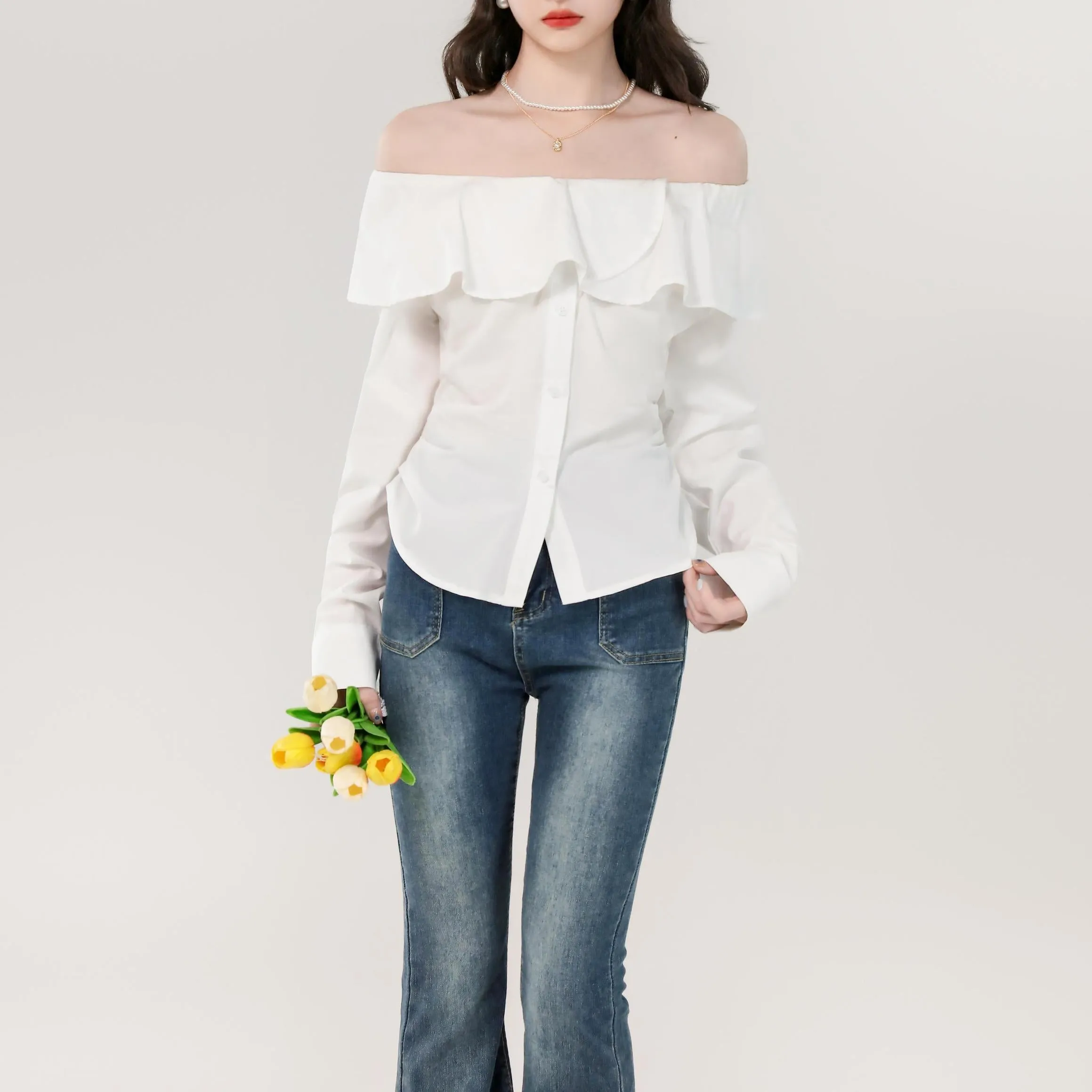 Women's Long Sleeve Poplin Blouse with Bardot Neckline