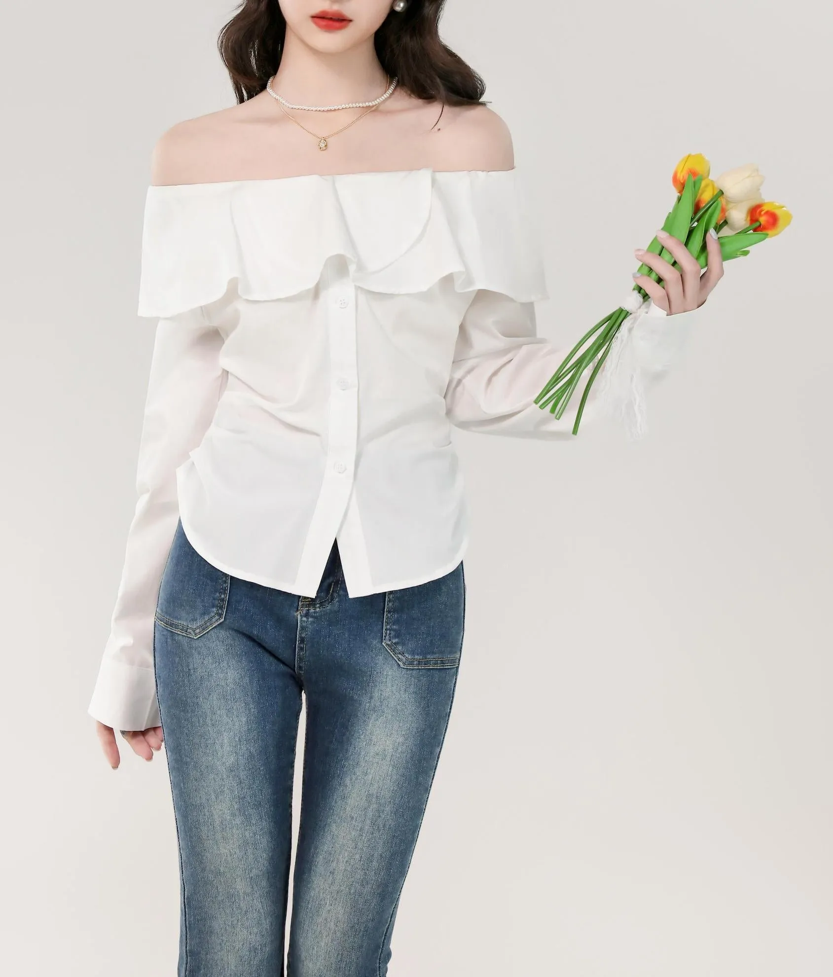 Women's Long Sleeve Poplin Blouse with Bardot Neckline