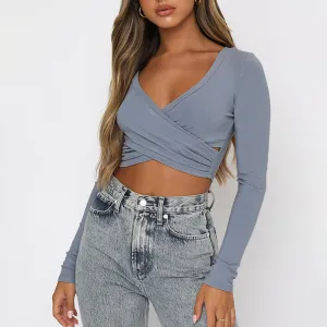 Women's Long Sleeve Wrap Style Crop Top with V Neck
