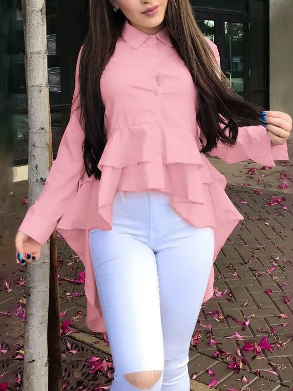 Women's Ruffle Blouse Casual Button Long Sleeve Shirts