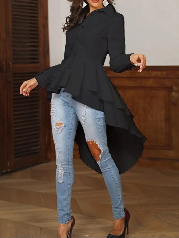 Women's Ruffle Blouse Casual Button Long Sleeve Shirts