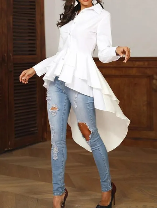 Women's Ruffle Blouse Casual Button Long Sleeve Shirts