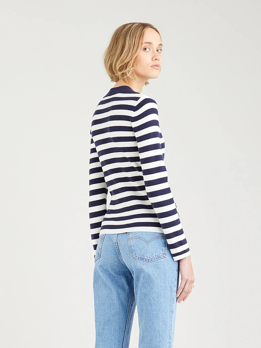 Women's Striped Navy Blue Crew Neck Sweater