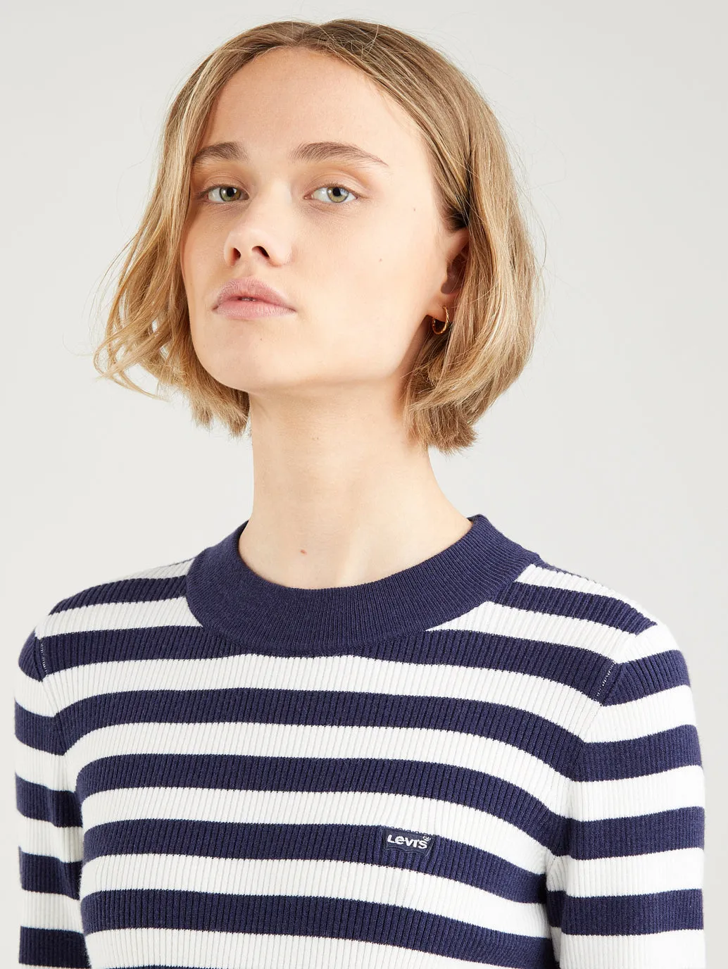 Women's Striped Navy Blue Crew Neck Sweater