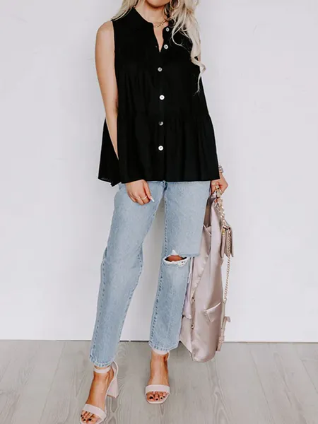 Women's Summer Ruffle Sleeveless Button Down Solid Shirt