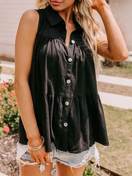 Women's Summer Ruffle Sleeveless Button Down Solid Shirt