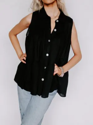Women's Summer Ruffle Sleeveless Button Down Solid Shirt