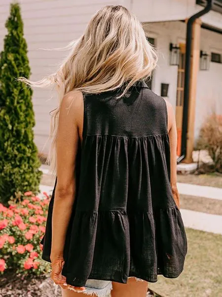 Women's Summer Ruffle Sleeveless Button Down Solid Shirt