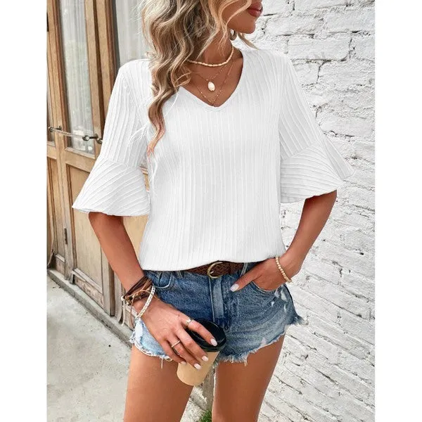 Women's V Neck Blouse Bell Sleeve Loose Top Shirt