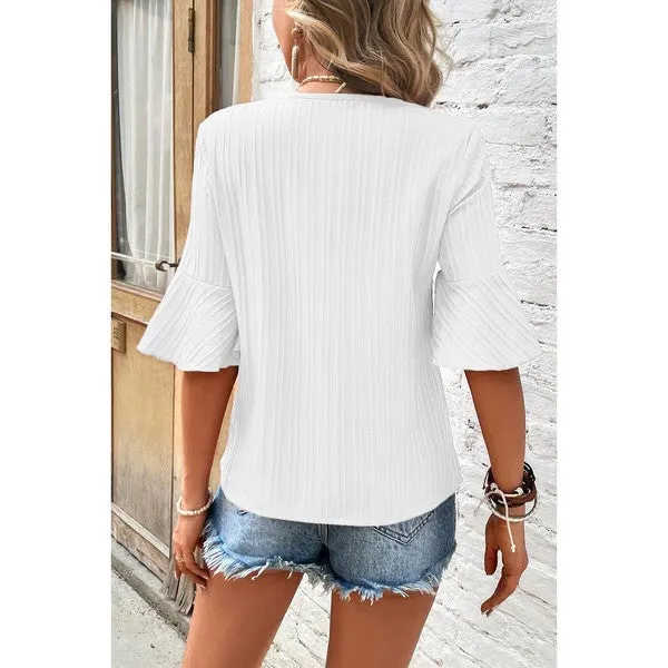 Women's V Neck Blouse Bell Sleeve Loose Top Shirt
