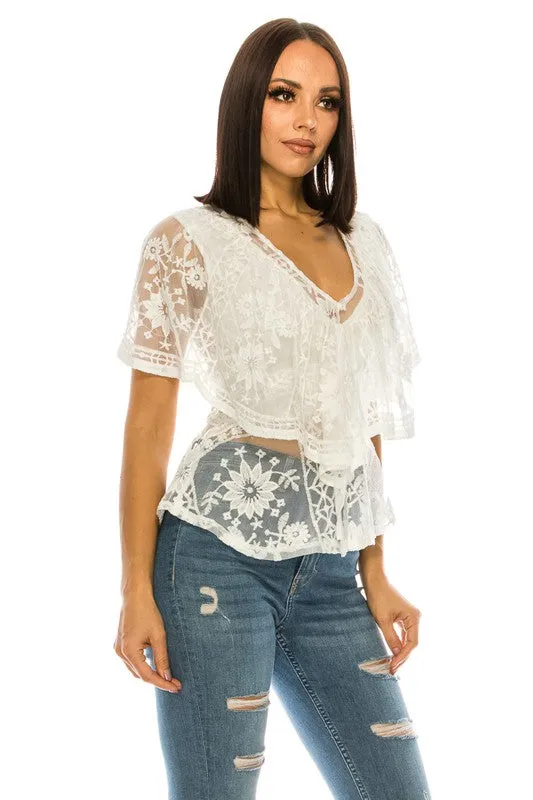 Women's White V-neck Lacy Blouse