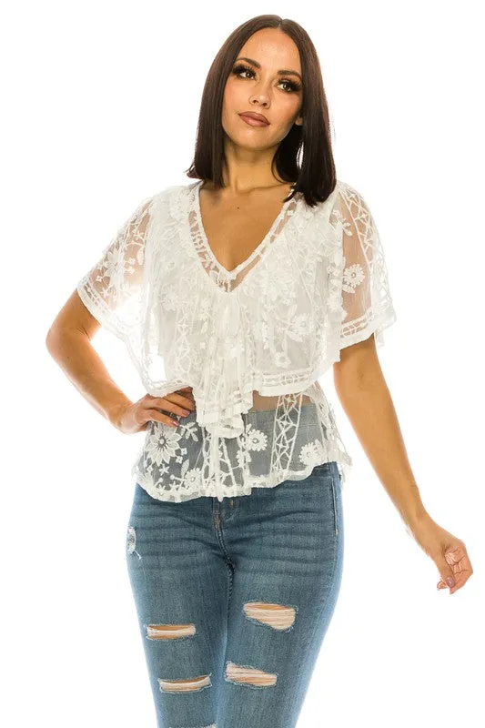 Women's White V-neck Lacy Blouse