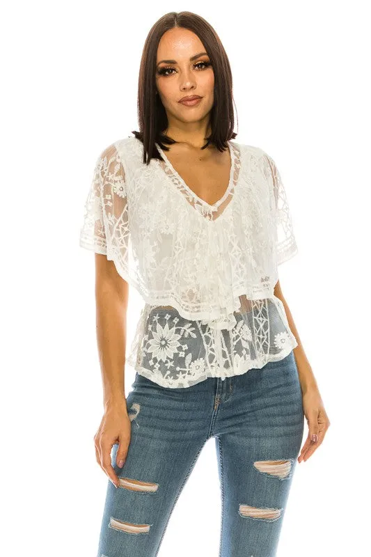 Women's White V-neck Lacy Blouse