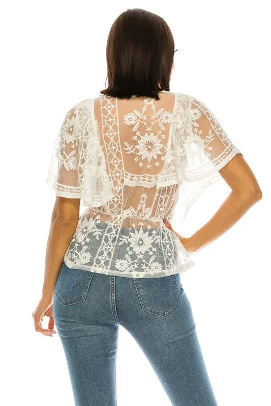 Women's White V-neck Lacy Blouse