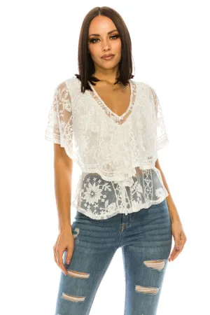Women's White V-neck Lacy Blouse