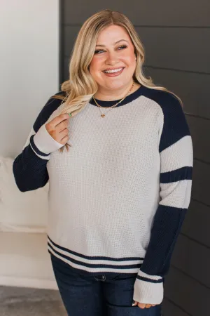 Words Of Mine Waffle Knit Sweater- Ivory & Navy