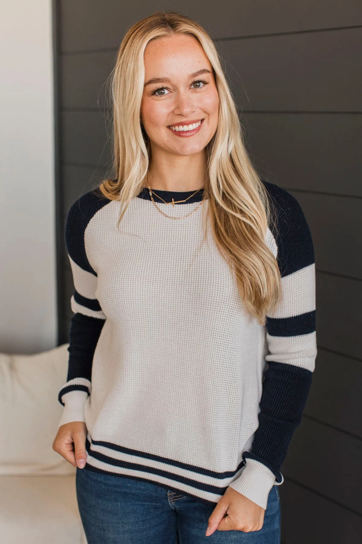 Words Of Mine Waffle Knit Sweater- Ivory & Navy