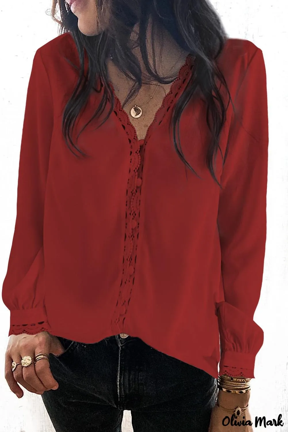 Xieyinshe - Black Crochet Lace Button Down Long Sleeve Shirt
