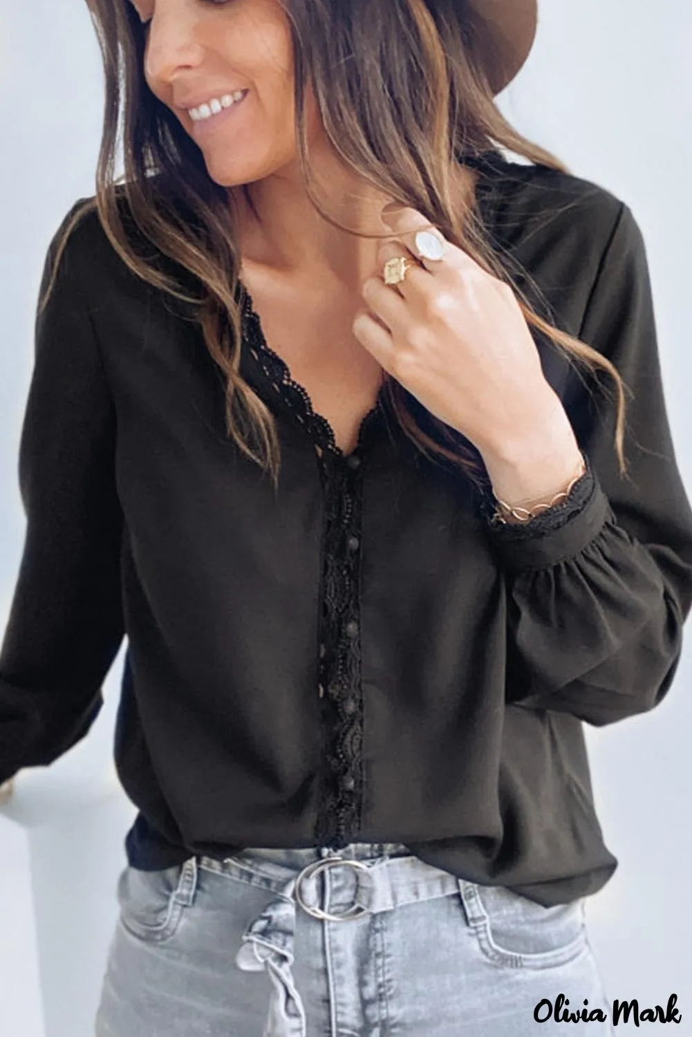 Xieyinshe - Black Crochet Lace Button Down Long Sleeve Shirt