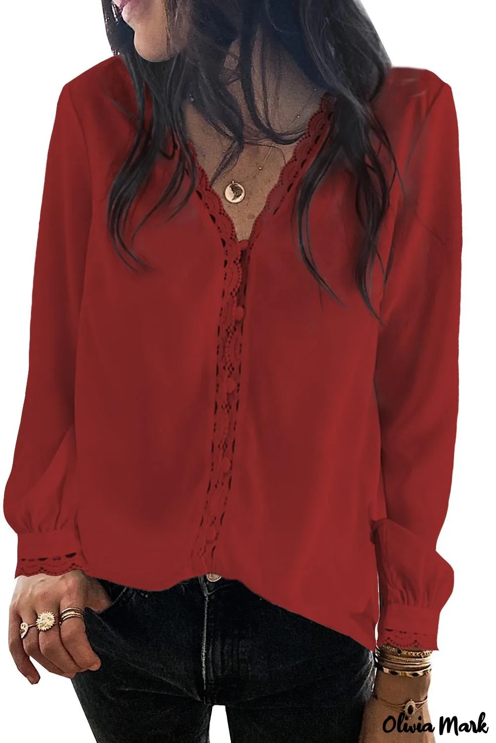 Xieyinshe - Black Crochet Lace Button Down Long Sleeve Shirt