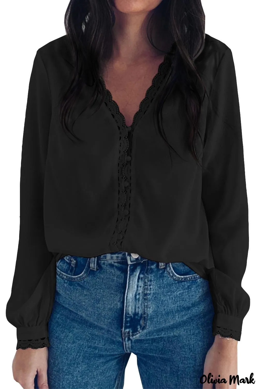 Xieyinshe - Black Crochet Lace Button Down Long Sleeve Shirt