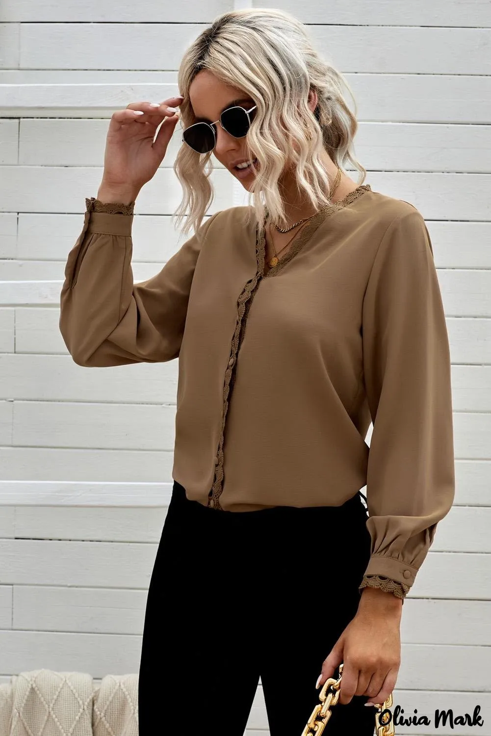 Xieyinshe - Black Crochet Lace Button Down Long Sleeve Shirt