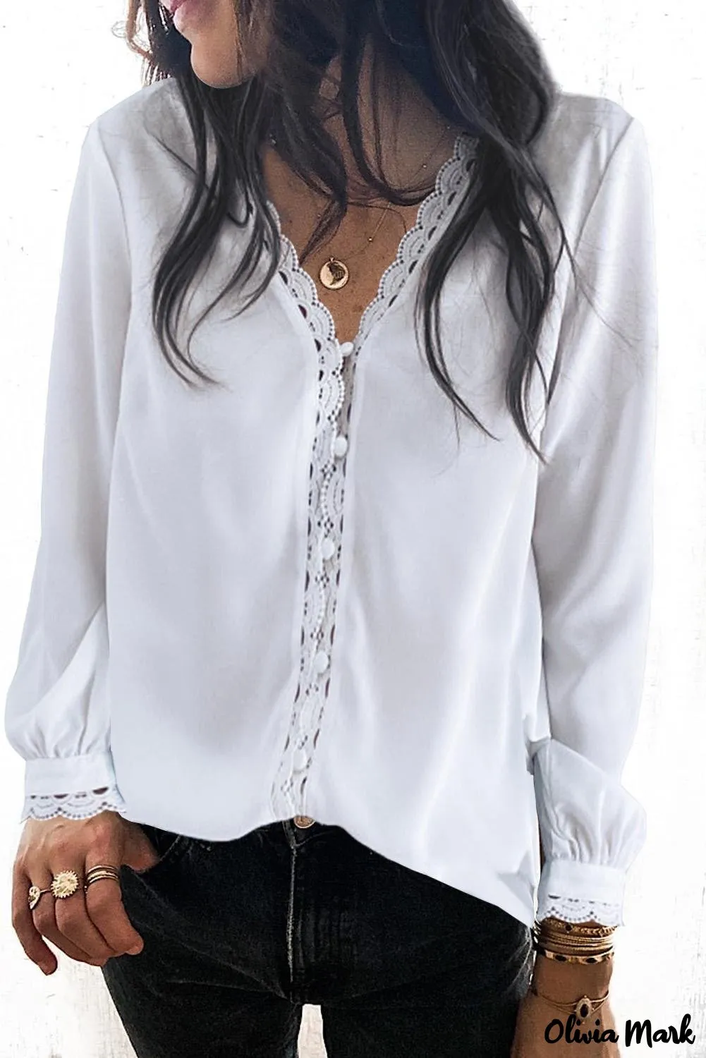 Xieyinshe - Black Crochet Lace Button Down Long Sleeve Shirt