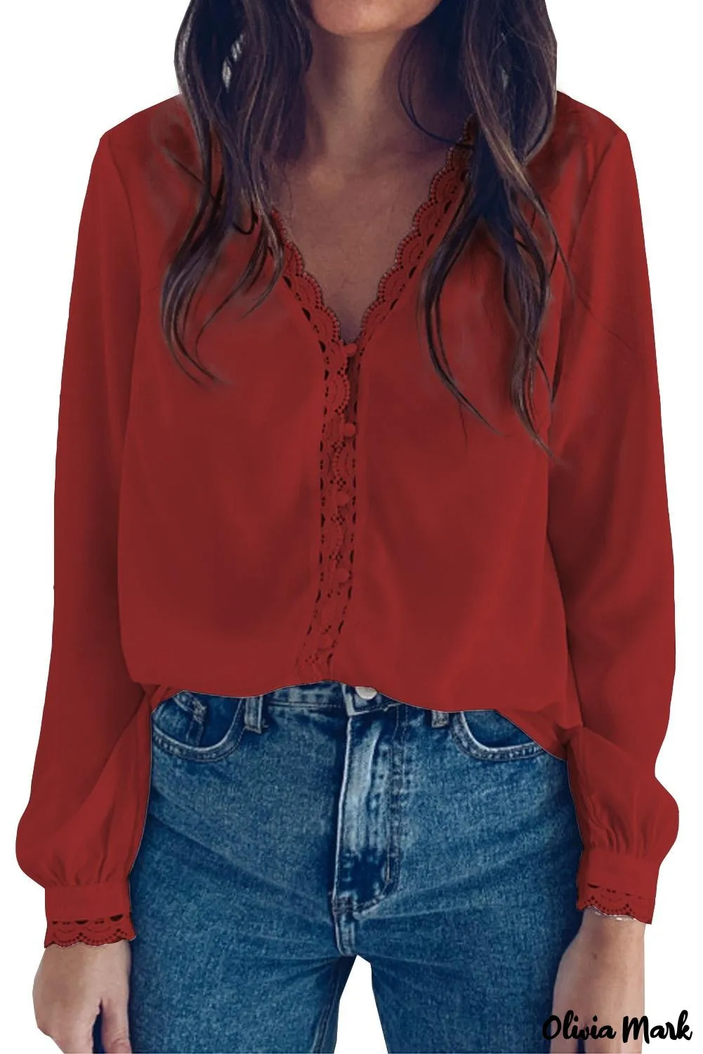 Xieyinshe - Black Crochet Lace Button Down Long Sleeve Shirt
