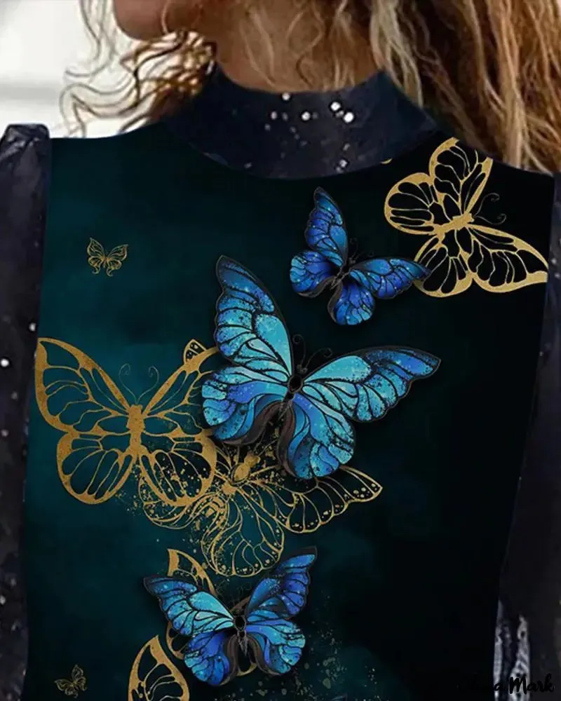 Xieyinshe - Butterfly Print Contrast Mesh Long Sleeve Top