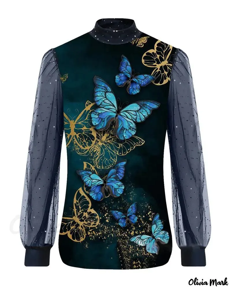 Xieyinshe - Butterfly Print Contrast Mesh Long Sleeve Top