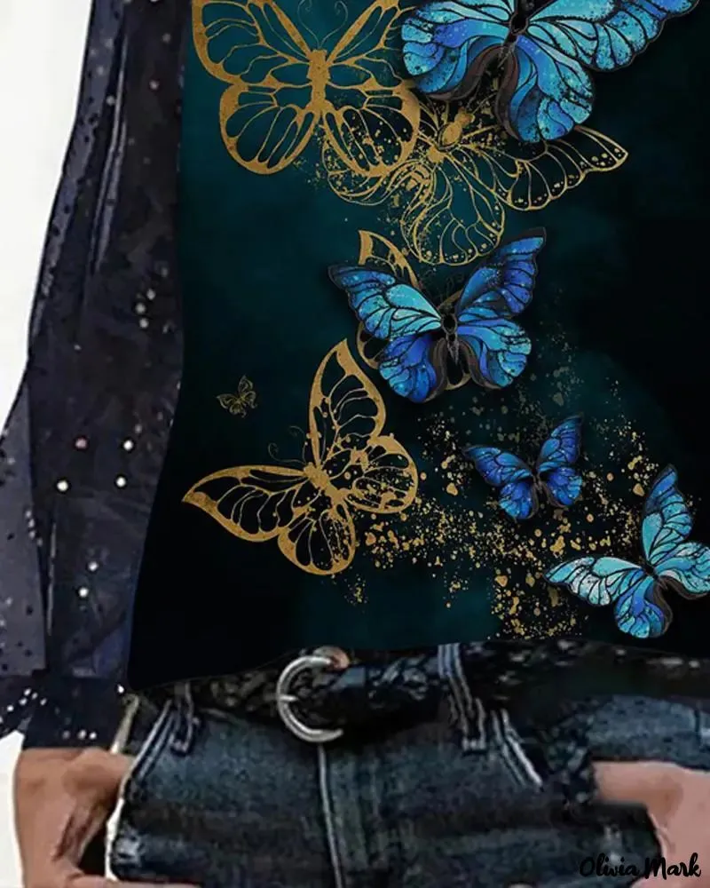 Xieyinshe - Butterfly Print Contrast Mesh Long Sleeve Top