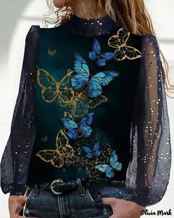 Xieyinshe - Butterfly Print Contrast Mesh Long Sleeve Top