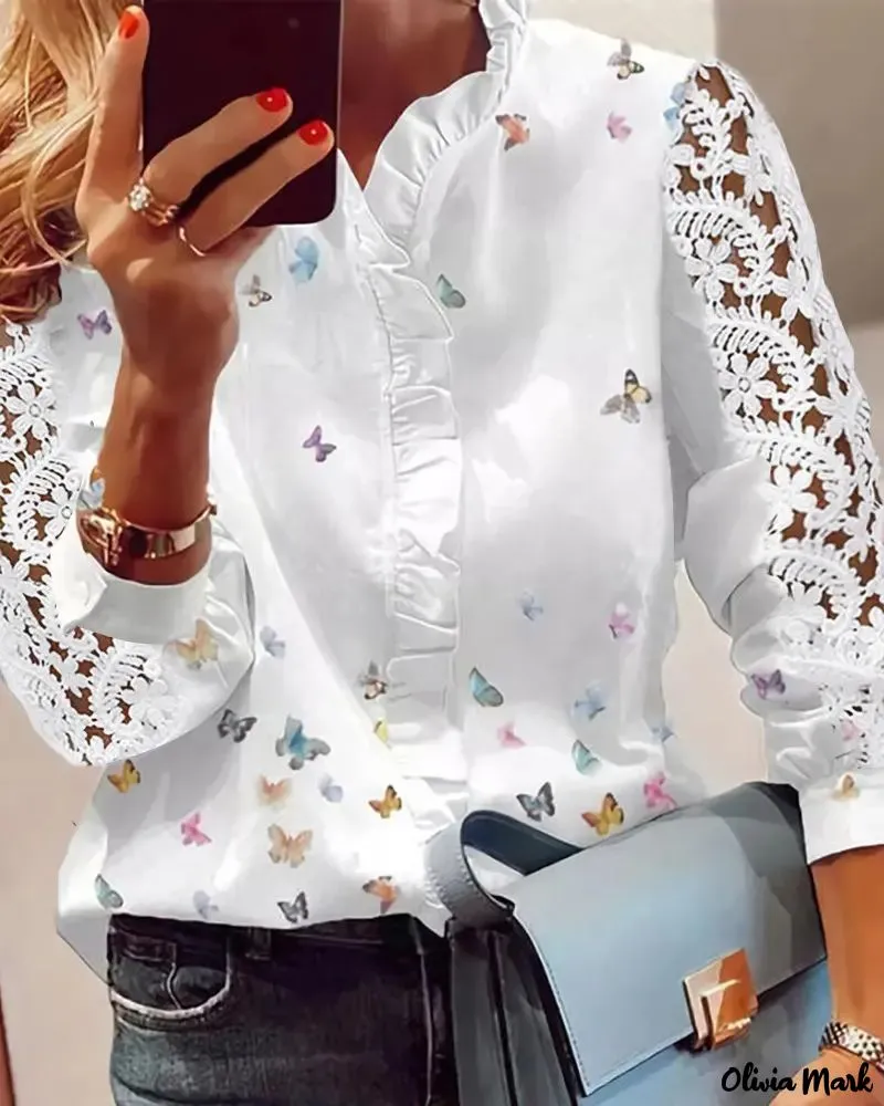 Xieyinshe - Casual Patchwork Blouse Long Sleeve Butterfly Lace Print