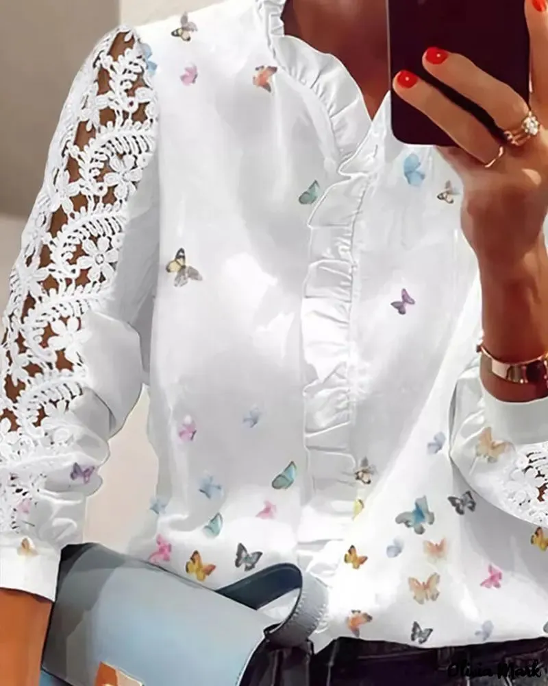 Xieyinshe - Casual Patchwork Blouse Long Sleeve Butterfly Lace Print