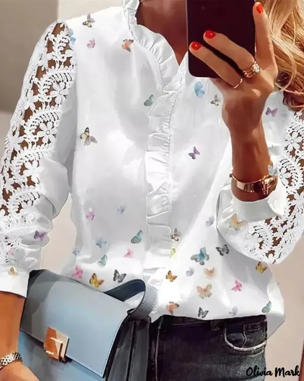 Xieyinshe - Casual Patchwork Blouse Long Sleeve Butterfly Lace Print