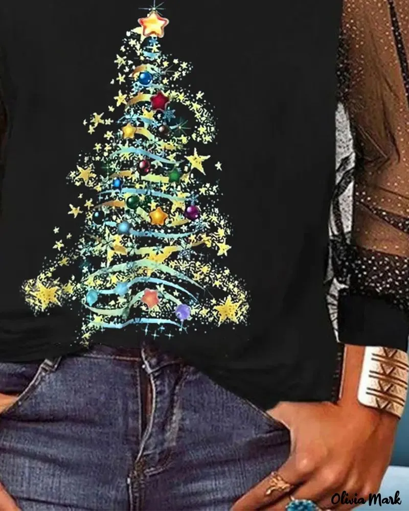 Xieyinshe - Christmas Tree Print Sheer Mesh Long Sleeve Top