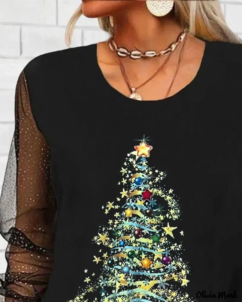 Xieyinshe - Christmas Tree Print Sheer Mesh Long Sleeve Top