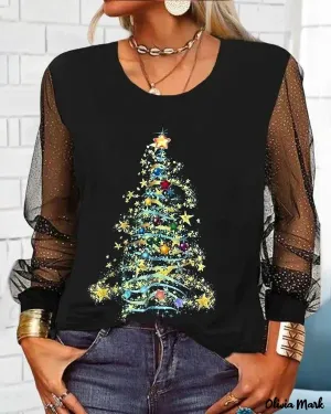 Xieyinshe - Christmas Tree Print Sheer Mesh Long Sleeve Top