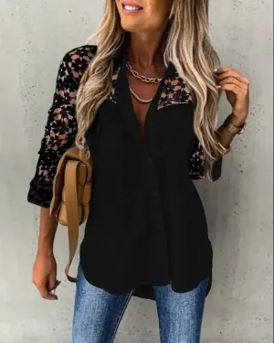 Xieyinshe - Contrast Lace Long Sleeve Button Down Shirt