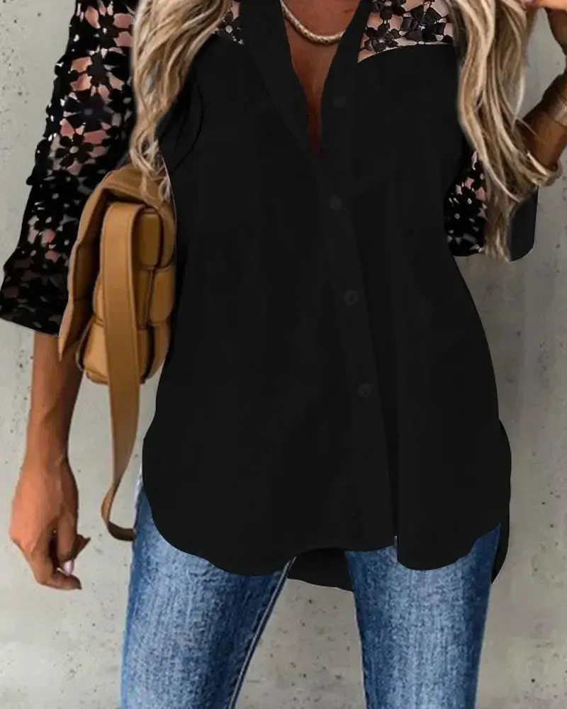Xieyinshe - Contrast Lace Long Sleeve Button Down Shirt