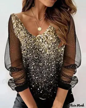 Xieyinshe - Contrast Mesh Long Sleeve Printed Top